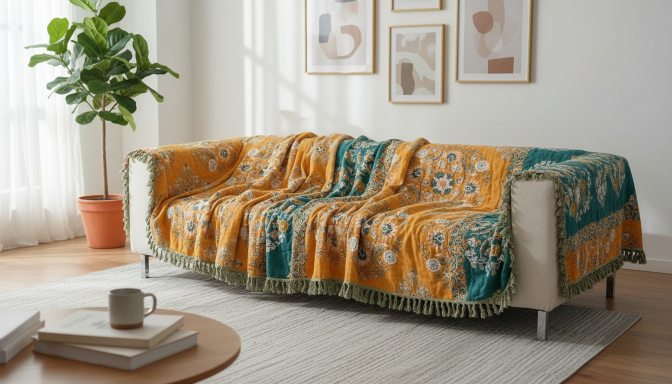 Floral Cotton Gauze Throw with Tassels for Easy Layering